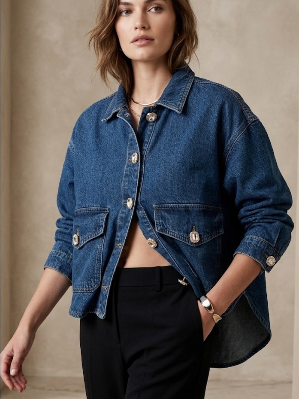 Hudson Jeans Blue Denim Shacket with Button Flap Pockets and Rhinestone Buttons